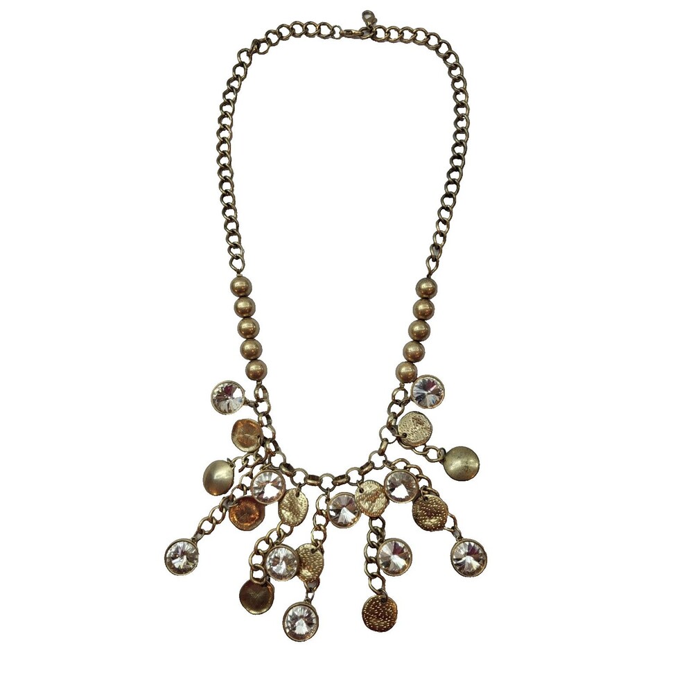 Premier Designs Gold Tone Clear Crystal Coin Charm Bib Statement Necklace